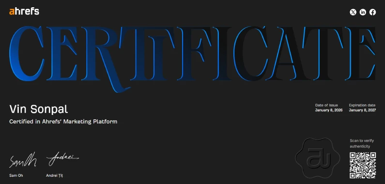 Certified in Ahrefs Marketing Platform