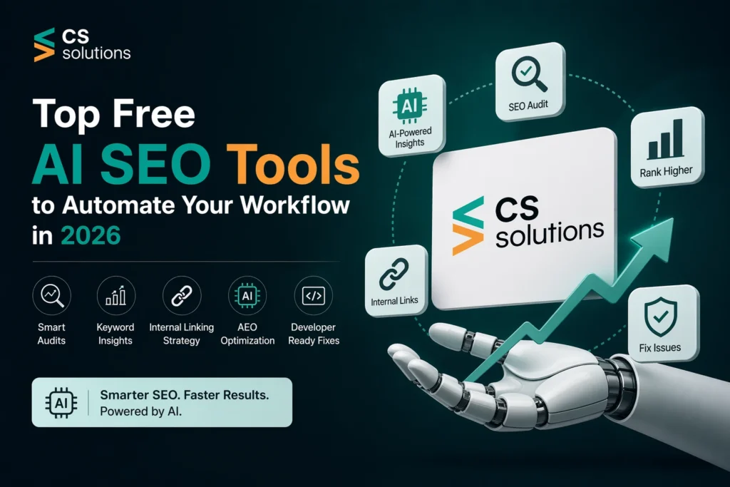 CS Web Auditor AI SEO tool dashboard showing technical audit, keyword gaps, SEO optimization and internal linking workflow automation in 2026